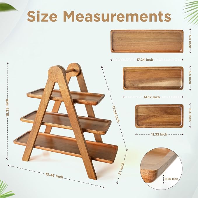 MAJURI 3 Tier Wooden Serving Tray, Set of 2 Tongs Free, Tiered Serving Trays & Platters for Party, Wedding, Picnic, Your Perfect Elevated Charcuterie Stand and for 3 Tiered Dessert Stand Lovers