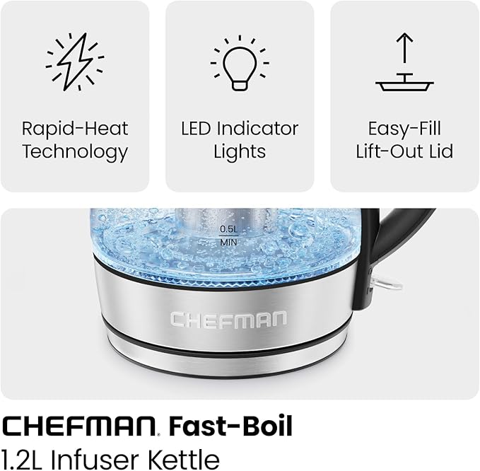 CHEFMAN Electric Kettle - 1.2L 1500W Hot Water Tea Pot with Infuser, BPA Free, Auto Shut Off, Boil-Dry Protection, Removable Lid, LED Light, Cordless Glass Electric Tea Kettle – Stainless Steel