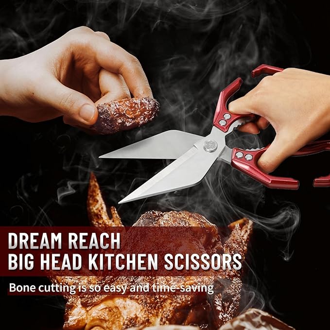 Dream Reach Poultry Shears - Heavy Duty Kitchen Scissors for Food with Ergonomic Handle, Japanese High-Carbon Steel Culinary Shears for Chicken, Meat, Seafood, Bone Cutting, Gift Box Included (Red)