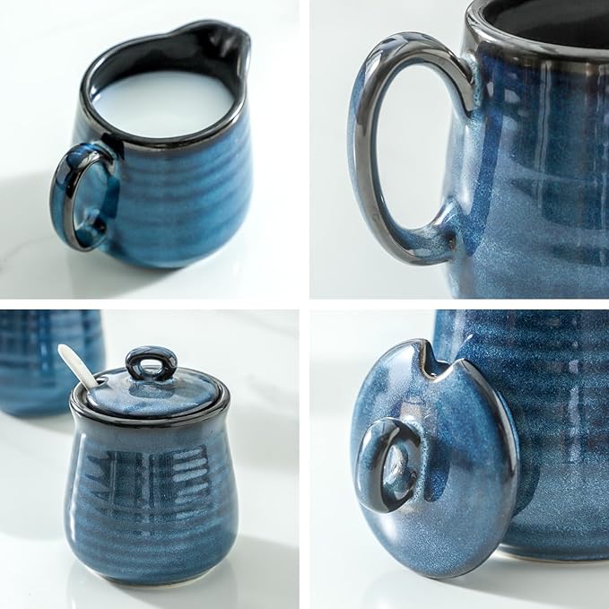 Glowworm Porcelain Sugar and Creamer Set, 11 Ounce Sugar Container, 10 Ounce Cream Pitcher, Farmhouse Coffee Sets for Serving, Dishwasher Safe, Blue