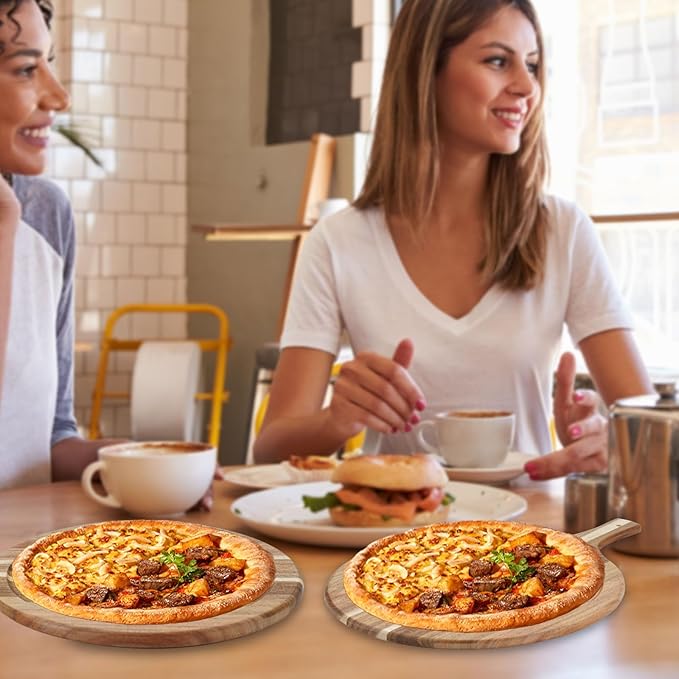 Acacia Wood Round Cutting Board with Handle, Pizza Cutting Boards for Kitchen, Small Wooden Chopping Board, Charcuterie Serving Boards for Cheese, Meat, Vegetables, Bread, 15.7" x 11.8"