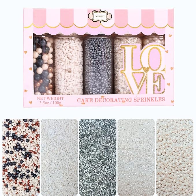 Confect White Sprinkles | Sprinkles for Cakes & Cupcakes Decoration | Assorted pack of 5 | Mix Black, Bronze & White Dragees Pearl , Jimmies & Sparkling Sugar | Vegan, Gluten-Free, Nut-Free, Soy-Free, Dairy-Free, Palm Oil-Free- 5 Oz