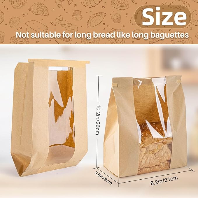 33PCS Bread Bags with Reusable Ties - Homemade Sourdough Bread Storage Brown Paper Bagel Loaf Bakery Bags with Window Toast Bags with Resealable Tie Disposable Baked Goods Sale Packaging