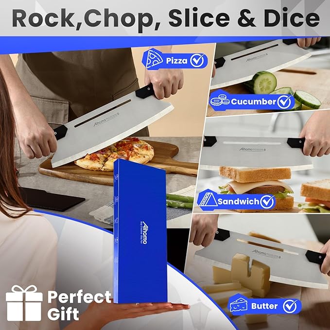 16 Inch Pizza Cutter Rocker Blade, Sharp Pizza Rocker Knife 420J1 Japanese Stainless Steel, Dishwasher Safe Pizza Cutter Slicer with Protective Cover, Multipurpose for Pizza, Cheese, Cake