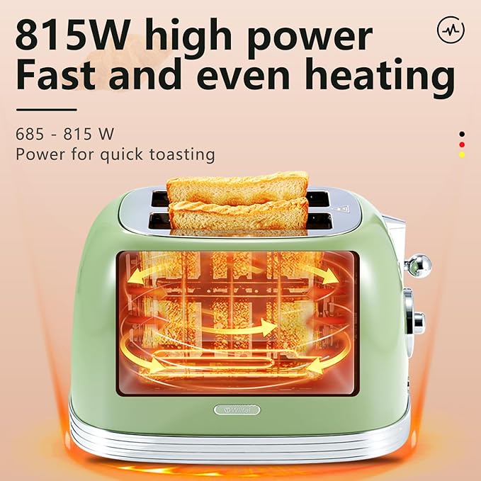 Green Cute Retro Toaster 2 Slice with 1.58" Wide Slots, with Stainless Steel Lid, with Warming Rack, Preheat, Defrost, Countdown Timer Display