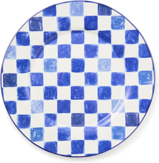 MACKENZIE-CHILDS Round Platter, Dishwasher-Safe and Microwave-Safe Stoneware Serving Platter, Indigo Check