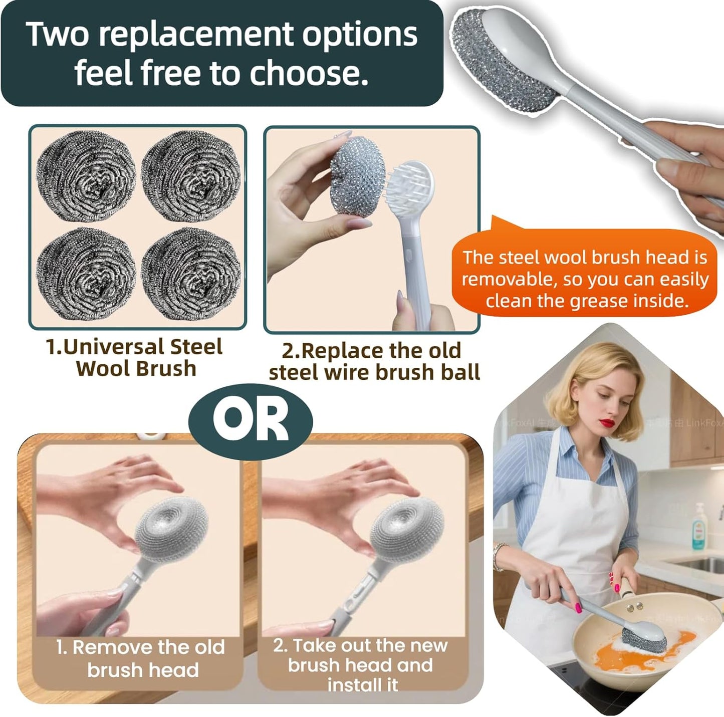 Dish Brush Set of 4 with Holder.Interchangeable Heads Kitchen Scrub Brush,Dishwashing Brush Set with Extended Handle,for Cleaning Pots,Pans,Bottles,Cups,Sinks,scrubbers for Dishes.Green