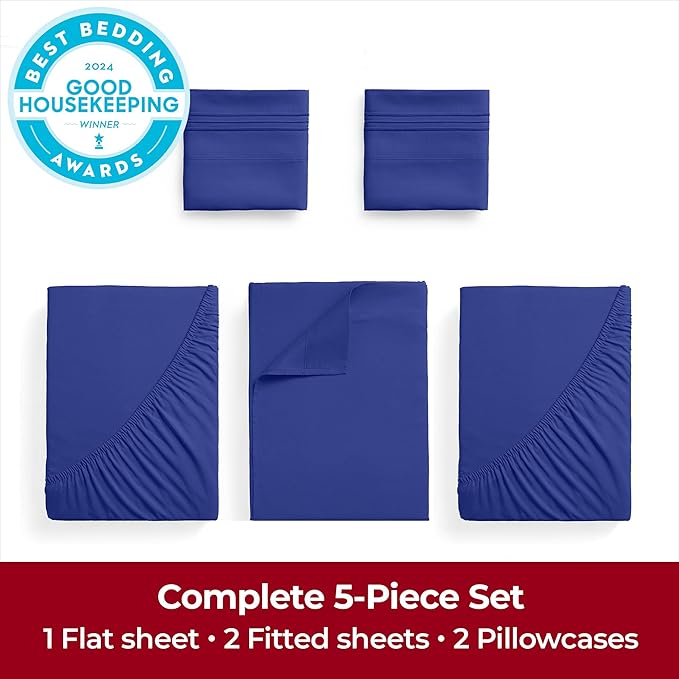 Mellanni Extra Deep Split King Sheets - 5 PC Iconic Collection Bedding - Hotel Luxury, Ultra Soft, Cooling Bed Sheets - Wrinkle, Fade, Stain Resistant (Split King, Royal Blue)