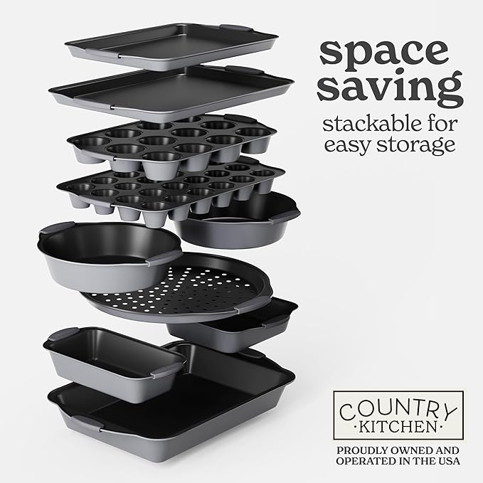 Country Kitchen Nonstick Stackable Bakeware Set - Heavy Duty, Durable, Easy Release Baking Set, Grey, 10 Pcs