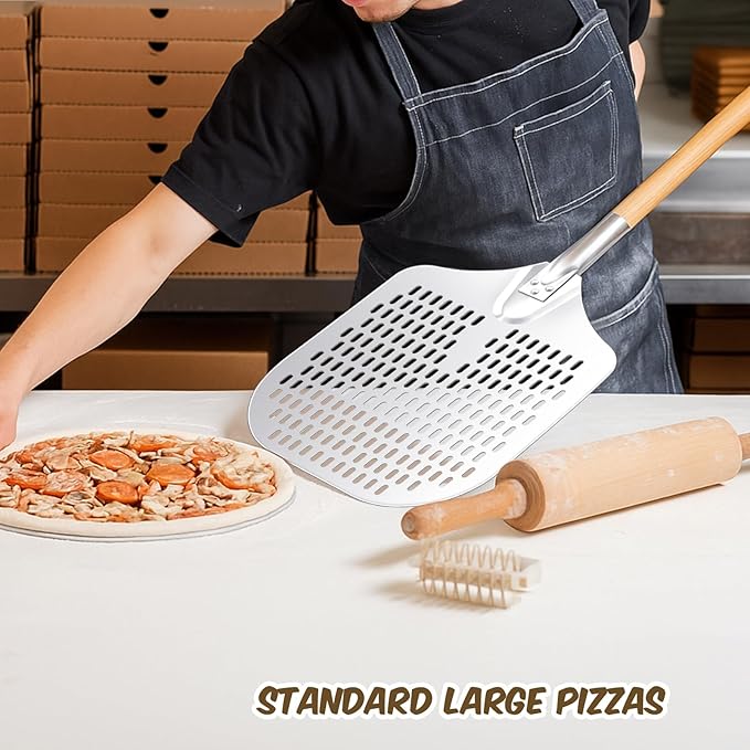 Maxdot 2 Pcs Perforated Pizza Peel 12 x 14 Inch Aluminum Pizza Spatula with Detachable Wood 52-inch Long Extendable Handle for Baking Homemade Pie Bread