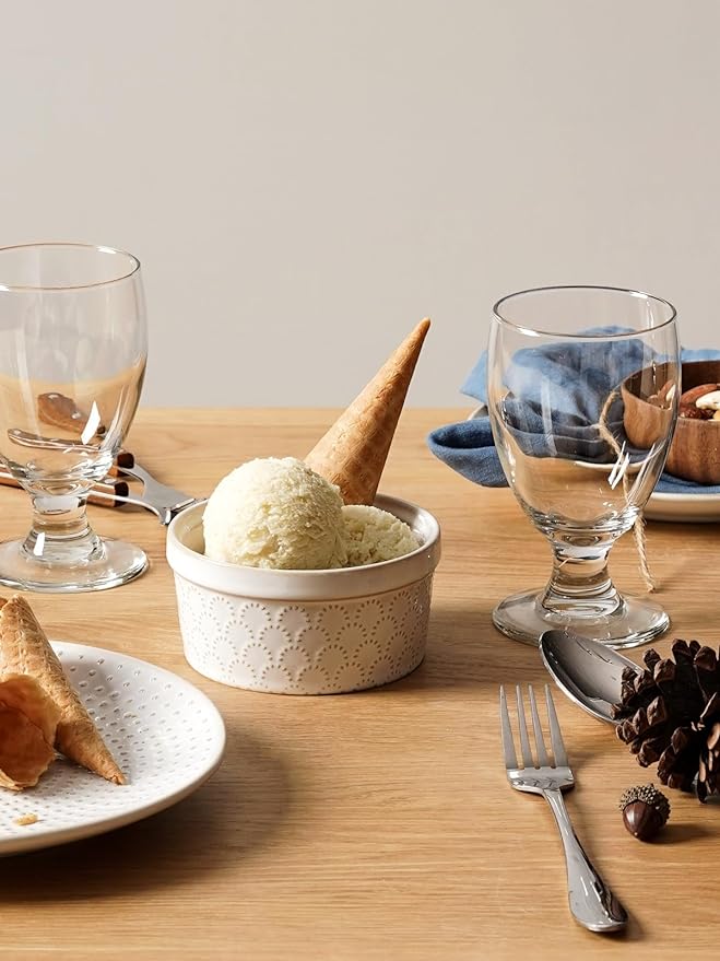 LE TAUCI Ramekins 12 oz, Ramiken for Creme Brulee, Souffle, Dipping Sauce, Ceramic Embossment Housewaming Present -4.8 inch, Set of 4, Arctic White