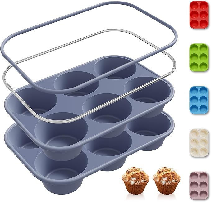 2 Pack 6 Cups Silicone Jumbo Muffin Pan with Metal Reinforced Frame Silicone Molds for Baking Cupcake Cake Baking Pans Muffin Tin Tart Pans Baking Set for Easter Christmas holiday Cookie Tin