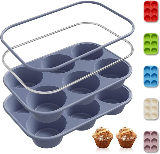 2 Pack 6 Cups Silicone Jumbo Muffin Pan with Metal Reinforced Frame Silicone Molds for Baking Cupcake Cake Baking Pans Muffin Tin Tart Pans Baking Set for Easter Christmas holiday Cookie Tin