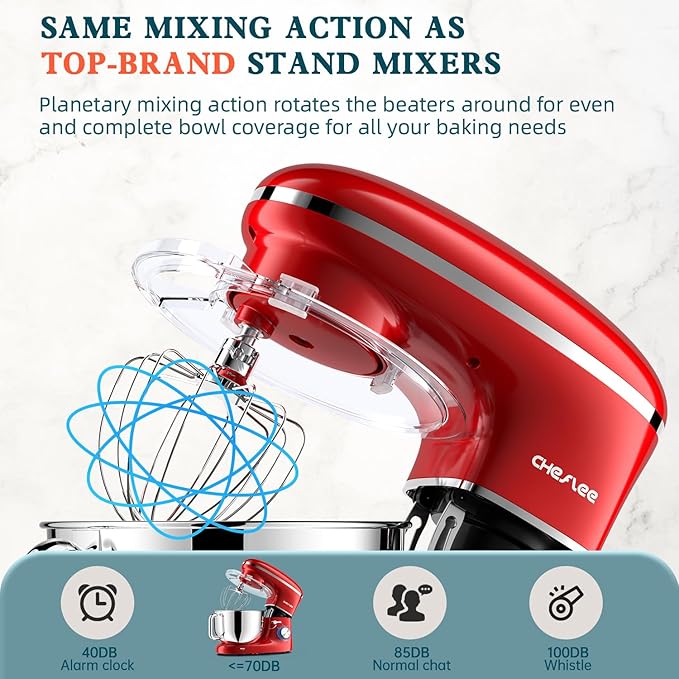 CHeflee Stand Mixer,600W 6+P With 6.5QT Stainless Steel Bowl,Dough Hook, Wire Whip & Beater,for Most Home Cooks,Red