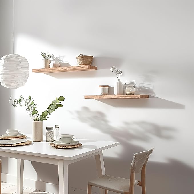 Wood Floating Shelves for Wall Decor, Rustic Wall Shelves for Bedroom Bathroom Kitchen Living Room, Set of 6 Light Walnut