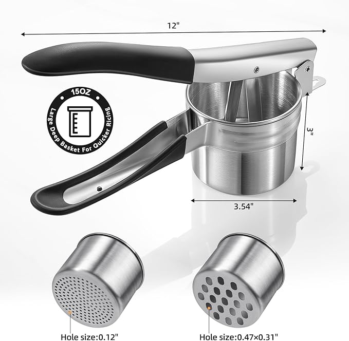 Potato Ricer, Sopito Stainless Steel Potato Masher with 2 Interchangeable Cups for Mashed Potatoes, Heavy Duty Kitchen Gadget for Home Use