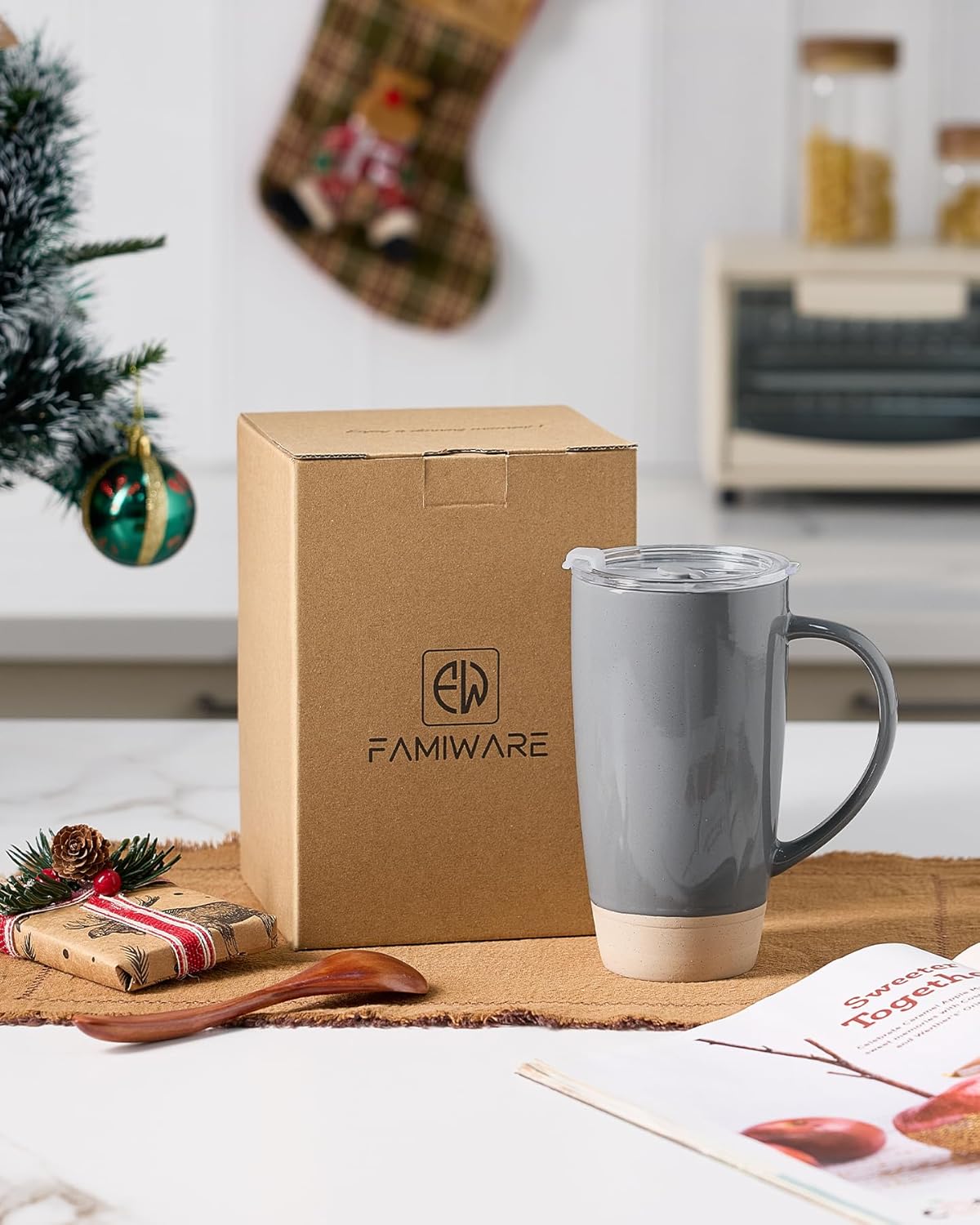 famiware Milkyway Coffee Mugs, 20oz Large Coffee Mug, Ceramic Mug Set of 2 with Lid, Cup Set with Handle for Latte, Tea, Cocoa, Milk, Home & Office, Cinnamon Brown and Dark Gray