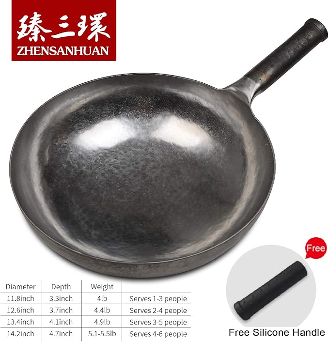 臻三环 ZhenSanHuan Chinese Hand Hammered Iron Woks and Stir Fry Pans, Non-stick, No Coating, Carbon Steel Pow (36CM, Silver - Not Seasoned)