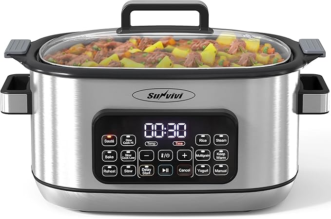 Sunvivi 12-in-1 Multi Slow Cooker Roaster Oven, 6.5QT Sliver Digital Programmable Slow Cooker with Rack, Large Removable Nonstick Crock, Glass Lid, Multicooker with Timer Temp Control, Delay Start