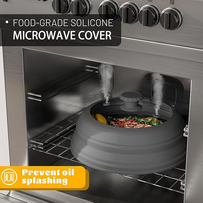 Collapsible Microwave Splatter Cover - Vented Silicone & Glass Lid with Easy-Grip Handle, Fits 6 to 11 Inch Plates & Bowls, 11.8 Inch Diameter, Prevents Splatters & Ensures Even Heating