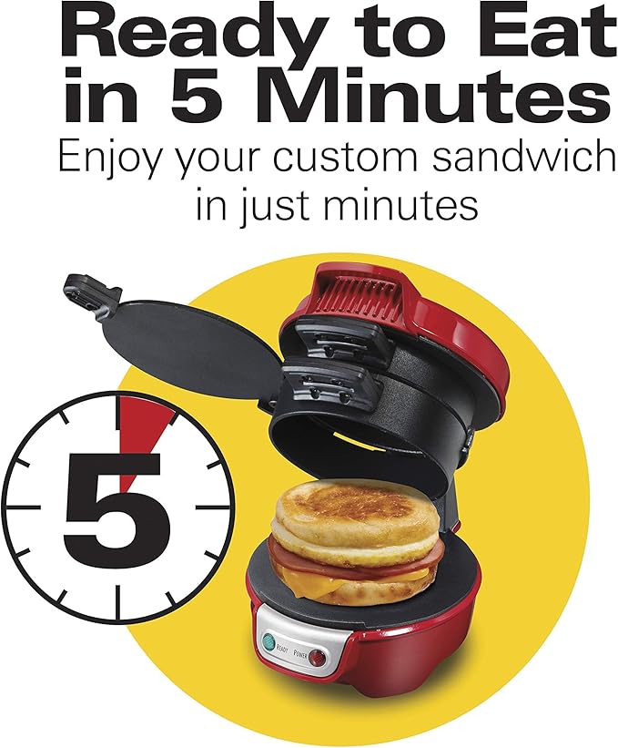 Hamilton Beach Breakfast Sandwich Maker with Egg Cooker Ring, Customize Ingredients, Perfect for English Muffins, Croissants, Mini Waffles, Perfect White Elephant Gifts, Red (25476)