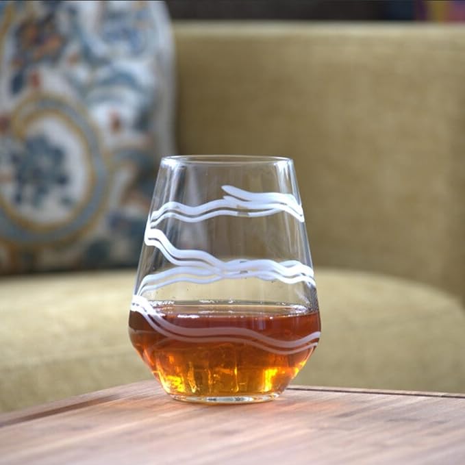 Rolf Glass Good Vibrations Stemless Wine Glass | 18oz Set of 2 | Lead-Free and Diamond-Wheel Engraved | Proudly Made in the USA | Etched Spiral Design