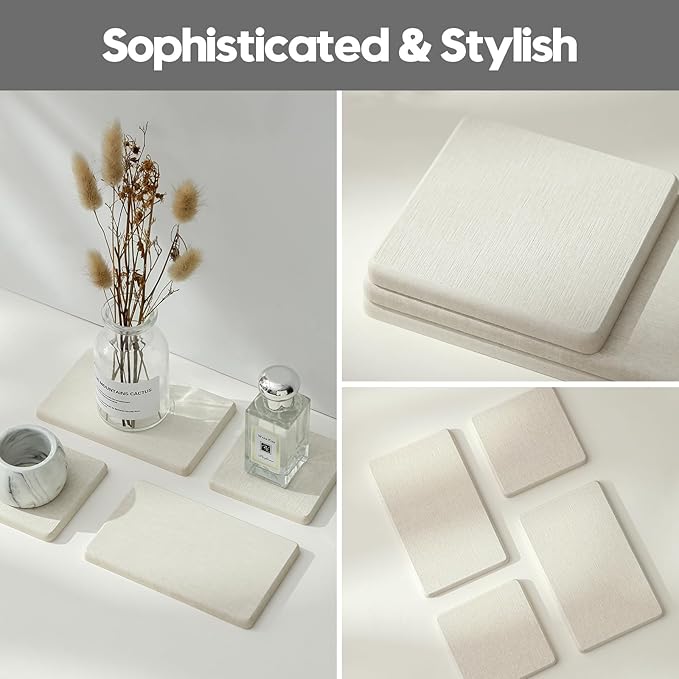 4PCS Bathroom Sink Vanity Trays, Diatomaceous Earth Quick Stone Drying Mat Kitchen Counter Dish Soap Dispenser Sponge Holder, Water Absorbing Caddy Organizer for Bottle & Cup, Beige