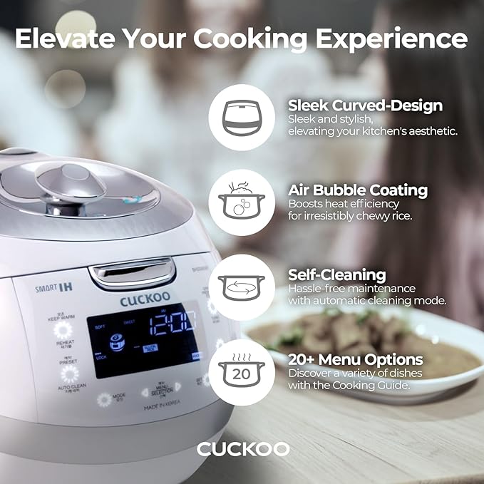 CUCKOO CRP-BHSS0609F 6-Cup (Uncooked) / 12-Cup (Cooked) Induction Heating Pressure Rice Cooker with Nonstick Inner Pot, 16 Menu Modes, Fuzzy Logic Tech, 3 Voice Guide, Auto Clean (White)