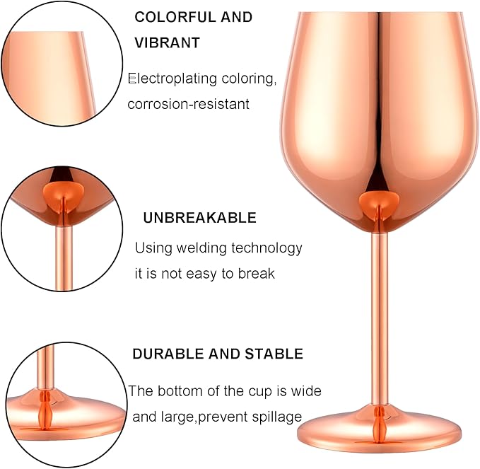 Stainless Steel Wine Glasses Set of 2, 18 oz Unbreakable Rose Glod Wine Glass Unique Metal Wine Goblets for Outdoor Capming and Pool Gift for Wine Lovers