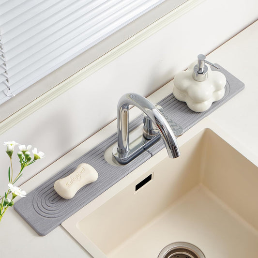 Stone Faucet Mat for Kitchen Sink with Oval Hole – 23.6" × 3.9" Diatomite Drying Stone Mat & Sink Protector, Quick-Dry Splash Guard Water-Absorbing Tray for Bathroom Counter（Gray.23.6" x 3.9"