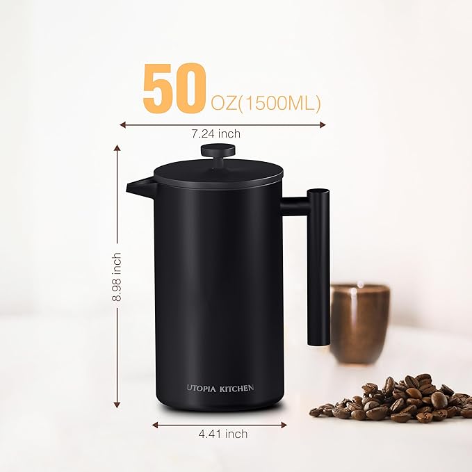 Utopia Kitchen Stainless Steel French Press Coffee Maker 50 Oz, French Press Tea Maker, Cold Brew Portable Travel Coffee Presses, Tea Press Gifts Black
