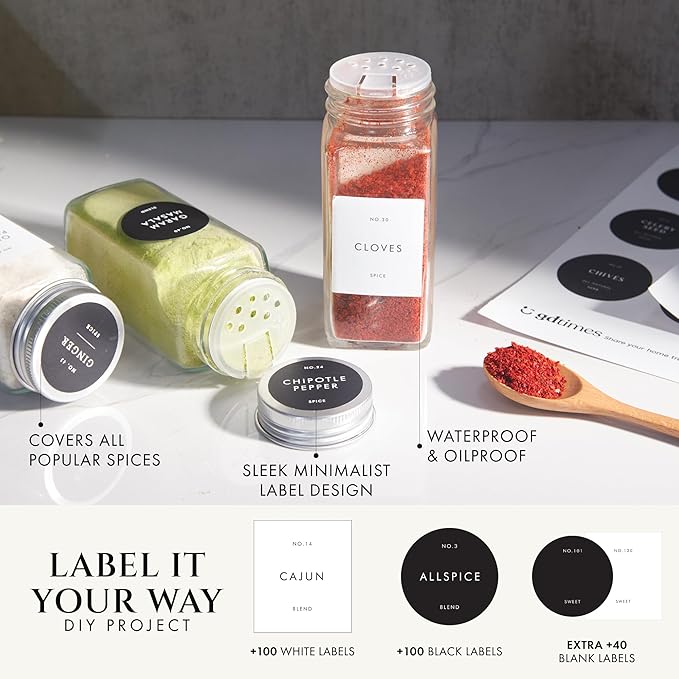 Glass Spice Jars with Labels with Metal Lids and Shakers Minimalist 24 Pack Set, 4oz Small Clear Empty Spice Bottles Seasoning Containers with Label Organizer Square Herb Seasoning Jars for Kitchen