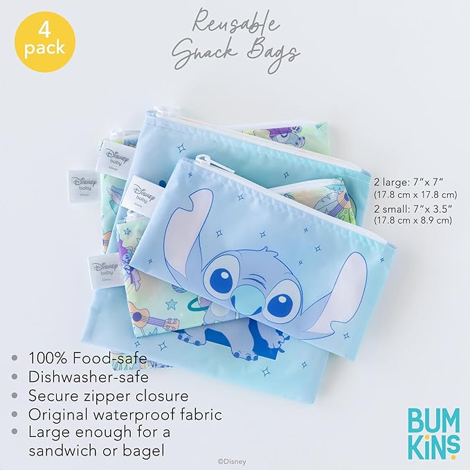 Bumkins - Cloth Snack & Sandwich Bags - For Storage, Travel, Food Prep, Lunch - Reusable, Water Resistant, Washable, Dishwasher Safe - Snack Bags for Kids - Zipper Closure - Aloha Stitch - 4 Pack