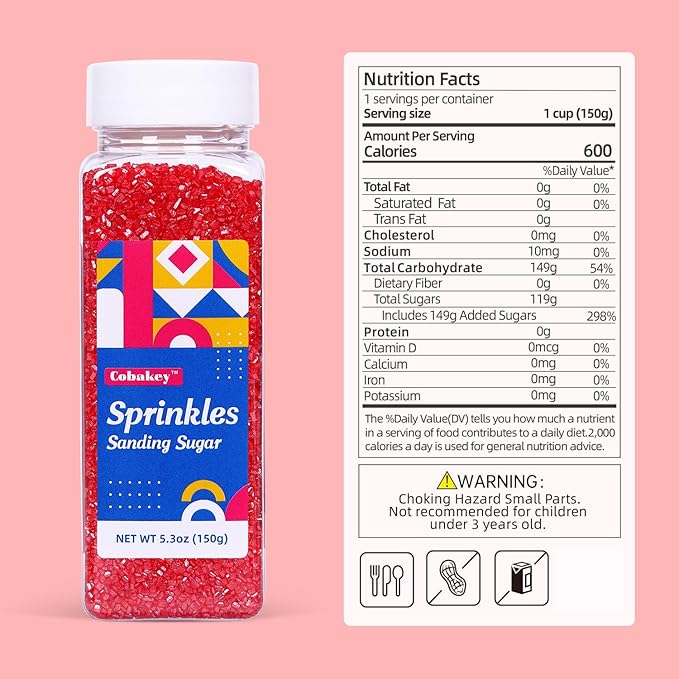 Red Sanding Sugar for Baking Edible Sparkling Sugar Sprinkles Coarse Sugar Crystals for Valentine Cake Decoration Cookie Cupcake Topper Ice Cream Topping Supplies 150g/5.3oz