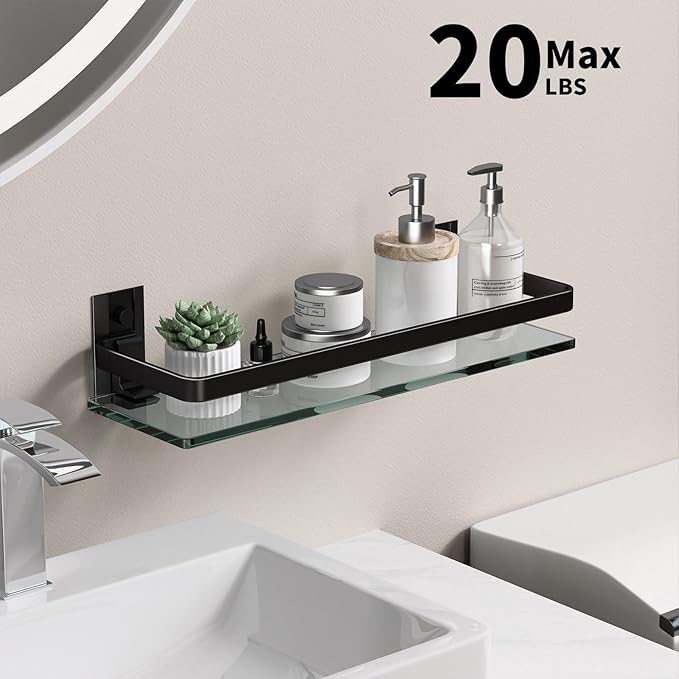 Danpoo Clear Tempered Glass Wall Shelf, Wall-Mounted Organizer for Bathroom, Kitchen(Matte Black)