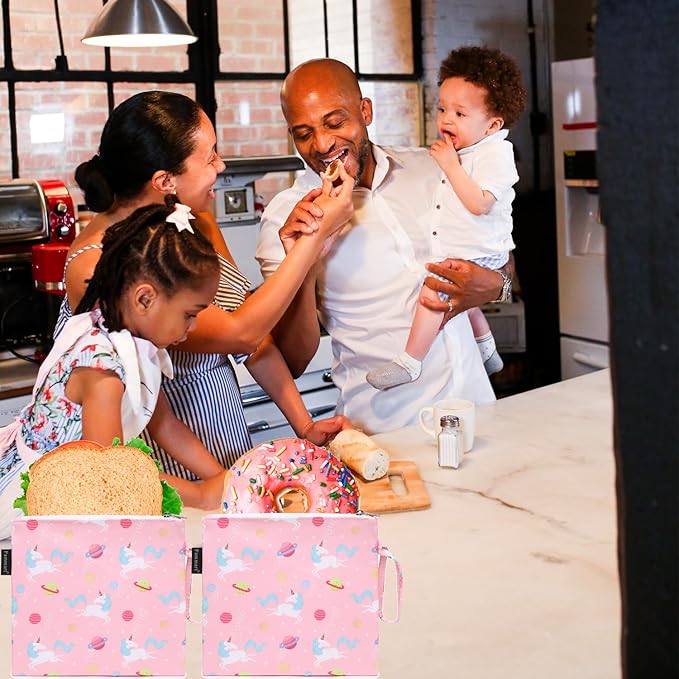 Reusable Sandwich Bag/Snack Bag for Kids & Adults, Dual Layer Lunch Bag with Handle, Washable, Food Safe, BPA Free (2-Pack, Planet Unicorn)