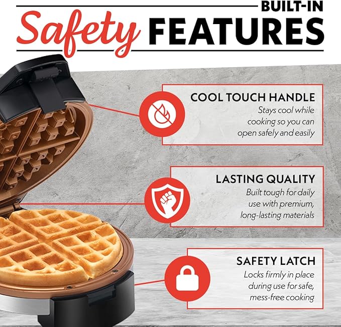 Gourmia Belgian Waffle Maker – Nonstick Waffle Ceramic Coating Plates with Browning Control &Indicator Lights to Make Thick Fluffy Waffles from Light to Dark - Compact, Quick Heat Up, Upright Storage