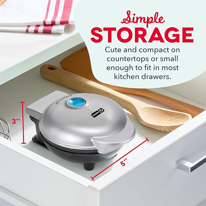 DASH DMW001SL Mini Maker for Individual Waffles, Hash Browns, Keto Chaffles with Easy to Clean, Non-Stick Surfaces, 4 Inch, Silver