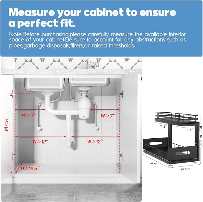 2 Pack 18 IN Depth Under Sink Organizer with Smooth Ball Bearing Slides,2-Tier Pull Out Cabinet Storage,Slide Out Drawers for Bathroom&Kitchen,Rust-resistant Coating,Height Adjustable-Black