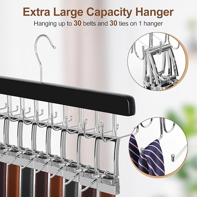 TOPIA HANGER 20 Hooks 2 in 1 Belt Tie Hanger for Closet Max 30 Belts with 30 Ties Capacity, Belt Tie Racks Wooden Hanger for Closet Organizer Storage “U” Fit for Belt and “一” Fit for Tie - CT47B