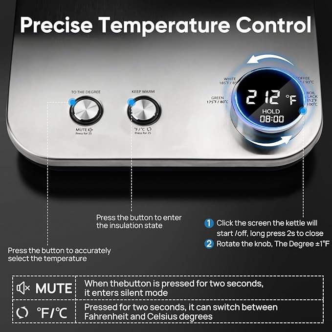 COZII Gooseneck Electric Kettle,5 Presets & ±1℉ Temperature Control 1200W Quick Heating Water Boiler for Coffee/Tea, 24H Keep Warm, Auto Shut Off Pour Over Kettle with 50pcs Coffee Filter,0.9L Silver