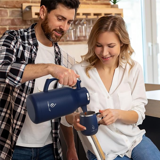 IDEUS Thermal Coffee Carafe 68oz (2,000ml), Stainless Steel Double Wall Insulated Vacuum Flask, Water Jug Coffee Server and Beverage Dispenser, Heat and Cold Retention (Navy Blue, 68oz (2,000ml))