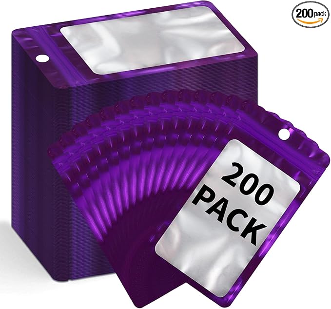 200 Pack Resealable Mylar Holographic Bags Food Storage Smell Proof Bags with Front Window Foil Packaging Pouch for Candy Sample Jewelry Small Business 2.95×4.72 Inch, Purple