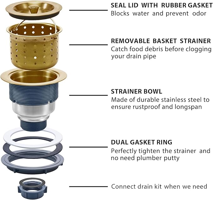 KONE 3-1/2 Inch Gold Sink Drain, Durable Stainless Steel Brass Kitchen Sink Drain Assembly Kit with Sink Strainer Waste Basket/Strainer Assembly/Sealing Lid for Standard Kitchen Sink