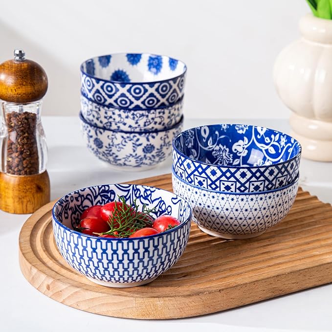 Ceramic Dessert Bowls Set - 11 Oz Small Ice Cream Bowl for kitchen - 4.7 Inch Porcelain Cereal Bowl for Fruits, Salad, Side Dishes, Ramen - Microwave Dishwasher Safe - Set of 6 - Vintage Blue