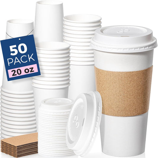 Fit Meal Prep 50 Pack 20 oz Disposable Coffee Cups with Lids, Sleeves, Leak-Proof To Go Coffee Cups with Lids, Durable Hot Paper Cups for Home, Office, Party, Business