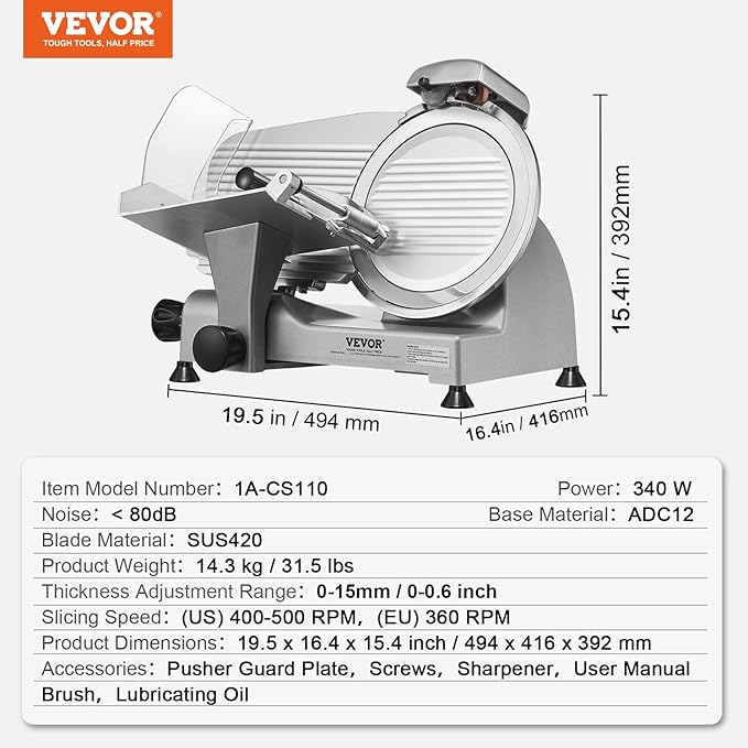 Meat Slicer, 340W Electric Deli Food Slicer with 10" SUS420 Stainless Steel Blade and Built-in Sharpening Stone, 0-0.6 inch Adjustable Thickness for Commercial and Home Use, Cut Meat and Cheese
