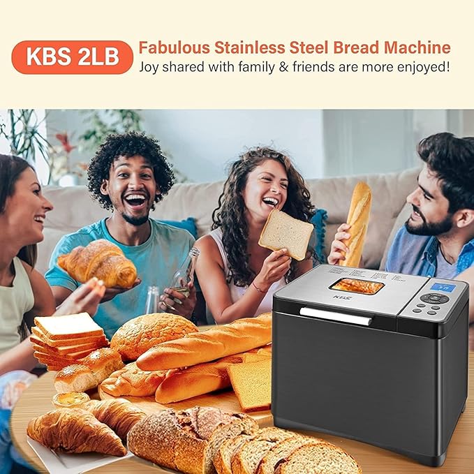 KBS 2LB Bread Maker, 19-in-1 Automatic Bread Machine Stainless Steel with Ceramic Pan,15H Timer&1H Keep Warm, Sourdough, Gluten-Free, 650W Bread Maker Machine with 3 Loaf Sizes 3 Crust Colors, Recipes