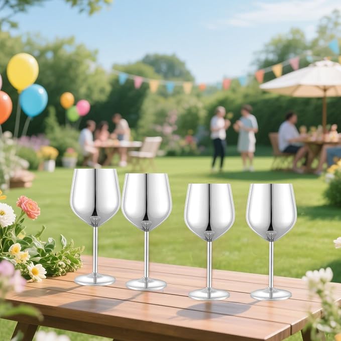 Stainless Steel Wine Glasses Set of 4 Unbreakable Wine Glass 18 oz Unique Metal Wine Goblets for Outdoor, Travel, Camping, Pool, Ideal Gift for Wine Lovers (Mirror-Silver)