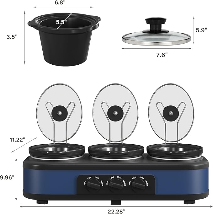 Kiss the Water Triple Slow Cooker Buffet Servers and Warmer,3 Pot Food Small Mini Manual Slow Cooker with Adjustable Temp Stainless Steel Lid Rests,Removable Ceramic Pot, 3 * 1.5 Quarts Blue
